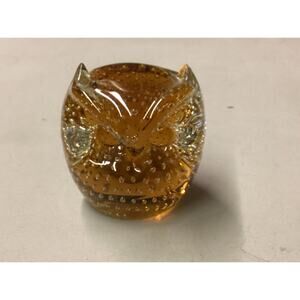 Pilgrim Glass Handblown Horned Owl Paperweight Controlled Bubble Amber USA